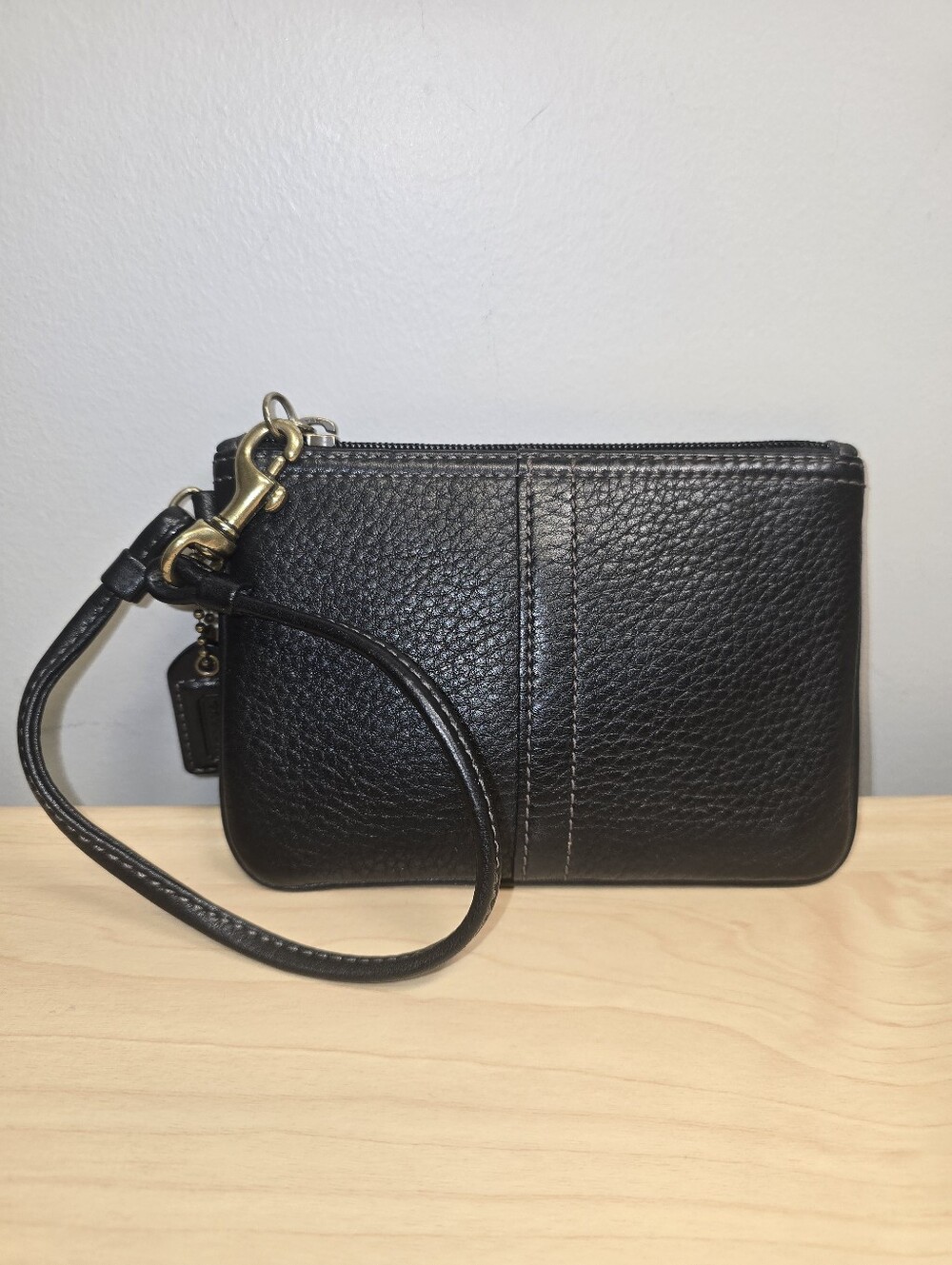 COACH Black Pebbled Leather Wristlet Antique Gold Hardware 6"x4"